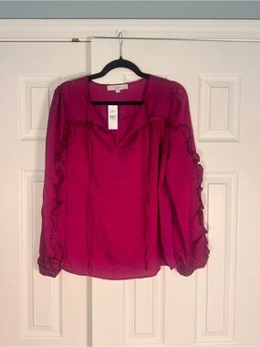 LOFT Magenta Ruffle-Trim Long-Sleeve Blouse